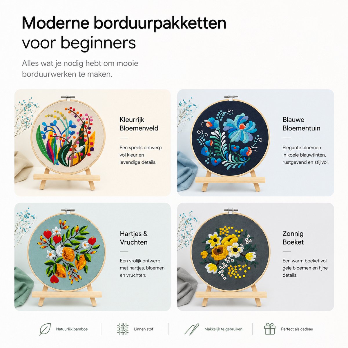 BOTC Borduurpakket Bloemen - Borduurset van 4 - Borduurpakketten voor Volwassenen - Hobby en Creatief - Borduren — afbeelding 8