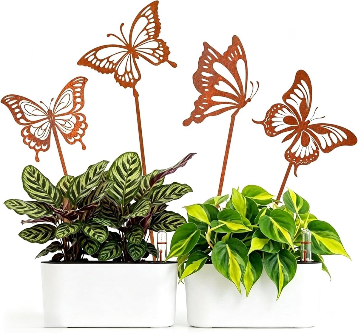 Tuinstekers met Vlinder - Metalen Decoratie - Buiten Decoreren - Roestvrij Metaal - 31 cm Hoog - Goudkleurig
