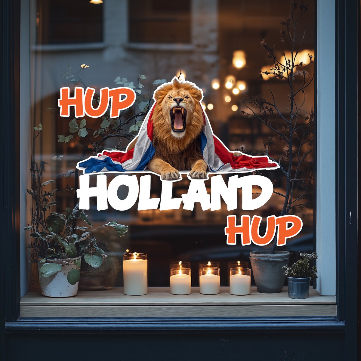 WK Raamsticker- EK Raamsticker-Hup Holland Hup- brullende leeuw- WK versiering-EK Versiering- 48 x 62 cm- achterkant is wit.