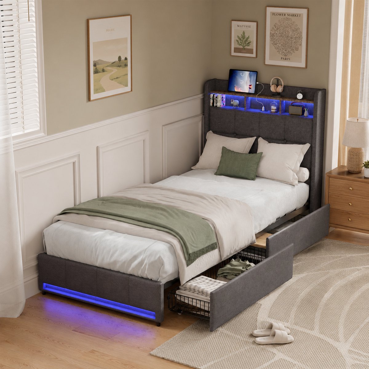 MEXUS Opbergbed 90x200 cm met ledverlichting en USB-poort, Eenpersoonsbed met 2 opberglades, Gestoffeerd hoofdbord met opbergruimte, eenpersoonsbed 90x200 met lattenbodem, Tienerbed, Linnen Donker Grijs
