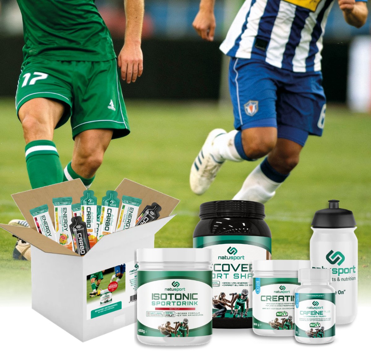 Natusport Voetbalbundel - 12 wedstrijden - Sportvoeding - Sportdrank, Recovery Shake, Creatine, Cafeïne & Energy Bars - Rood Fruit