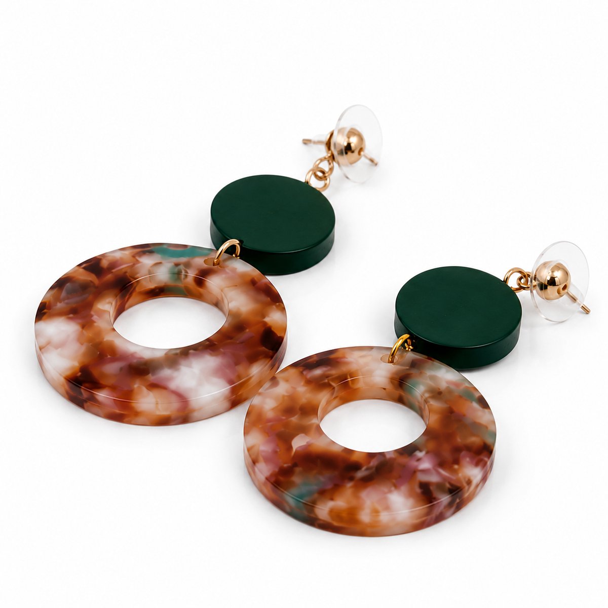 Engravia by Derya – Marmer Look Resin Oorbellen Dames– Goudkleurige Oorbellen met Donkergroene Details – Trendy Zomer Sieraden – Cadeau voor Haar