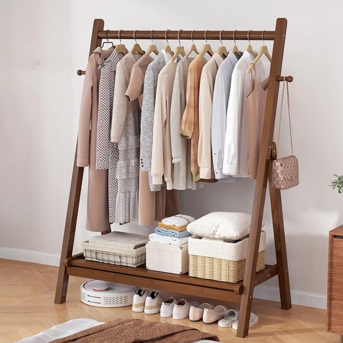Houten Kledingstang - Kapstok rek - Kleding Organiseren - Opvouwbaar Ontwerp - 120 cm - Ni