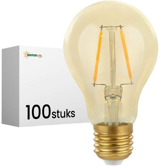 Une ampoule LED transparente E27 avec filaments visibles, à côté d'une boîte blanche indiquant '100 pièces'.