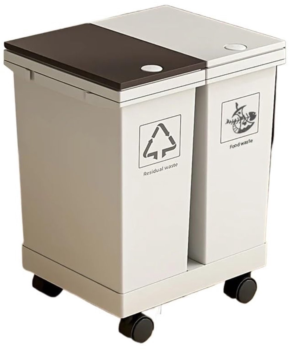 Lemlit Keukenprullenbak 40L - Duo Afvalscheidingsbak met Wielen - Afvalbak voor Recycling Droog en Nat Afval - 37x34x53 cm - Wit