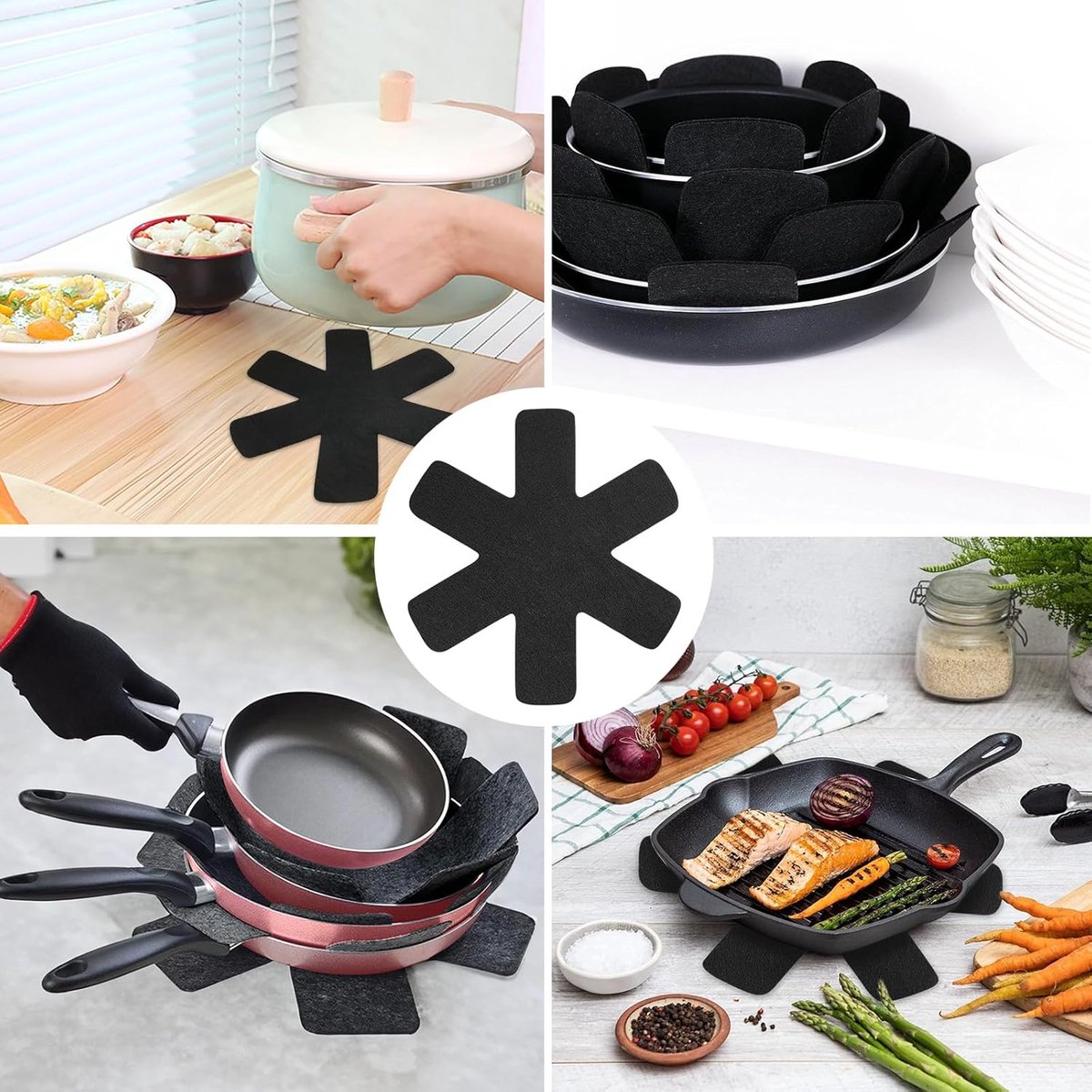 Vilt onderleggers - krasbestendige onderleggers - set van 5 - op maat te knippen en stapelbare bescherm- en onderleggers - antislip onderleggers - herbruikbaar - geschikt voor pannen, kommen en ander keukengerei - zwart - 38 cm — cadeau in Cadeau-ideeën - foto 4