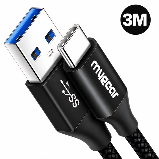Câble USB-C vers USB-A noir avec accent bleu dans le port USB-A. Texte "3M" dans un cercle.