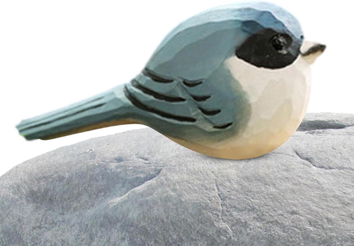 Houten Vogel Beeldjes - Vogelfiguren Decoratie - Huis Verfraaien - Handgesneden Realistisch - 5x6x5 cm - Blauwgrijs