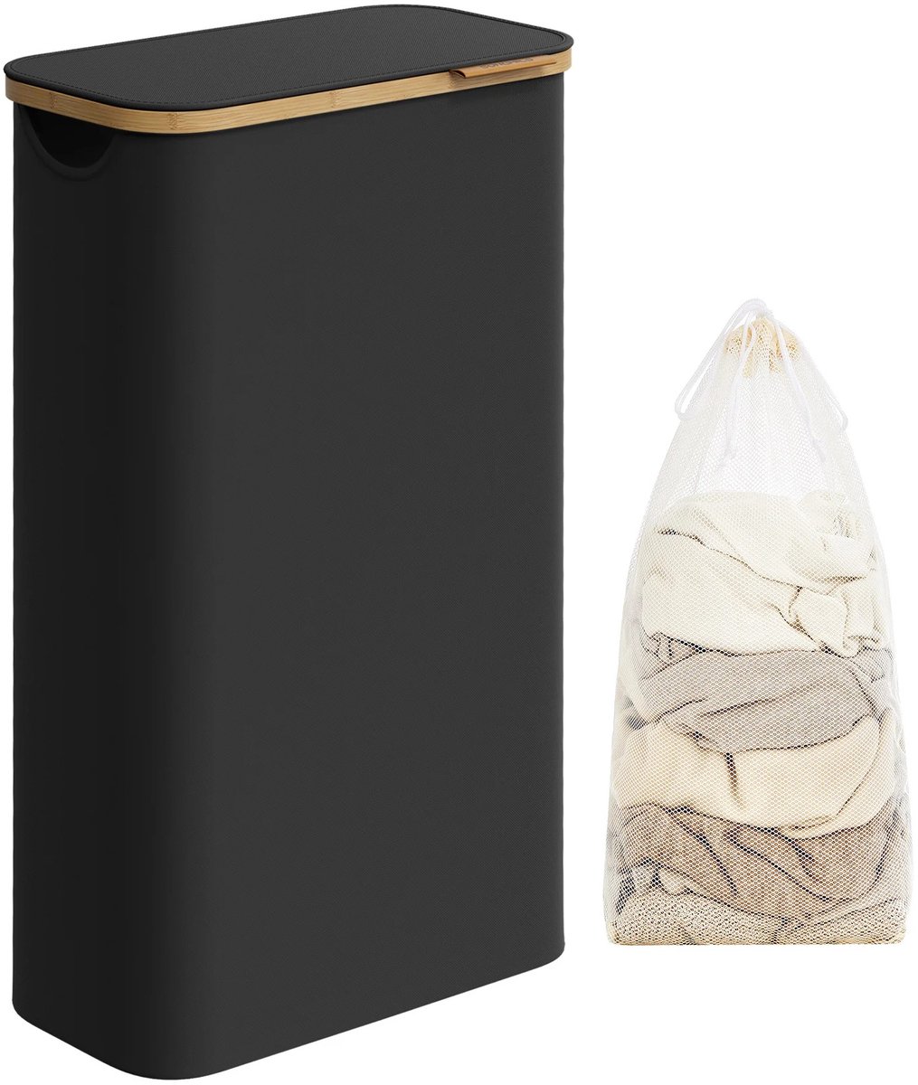 Velmio Wasmand - Smalle Wasbox - Wasmand Met Deksel - 65L - Oxford Stof - Bamboo - 42 x 22 x 70 - Incl Uitneembare Waszak - Zwart