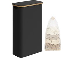 Velmio Wasmand - Smalle Wasbox - Wasmand Met Deksel - Smalle Wasmand - 65L - Oxford Stof - Bamboo - 42x22x70cm - Incl Uitneembare Waszak - Zwart