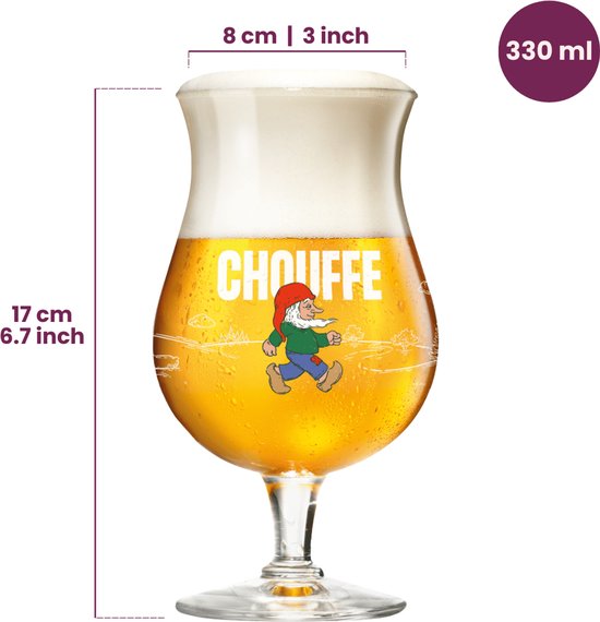 Een Chauffé bierglas met kabouterlogo, afmetingen 17cm hoog, 8cm breed.