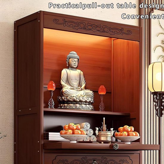 Meditatie Altaar Tafel - Boeddhistische Kast - Rituele Ruimte Creëren - Met Dubbele Deuren - 68 cm - Walnoot — afbeelding 2
