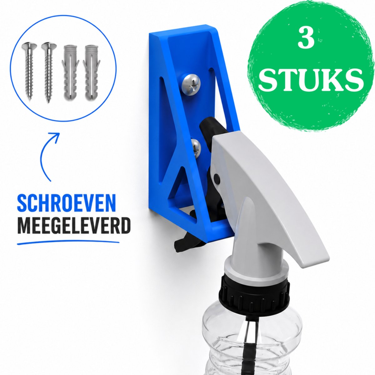 Universele Sprayfles Houder Set Van 3 - Wandmontage Sprayfles Organizer - Ophangsysteem Voor Schoonmaakflessen - Opberger Voor Garage Werkplaats Keuken En Schoonmaakruimte - 20MM En 30MM - Blauw