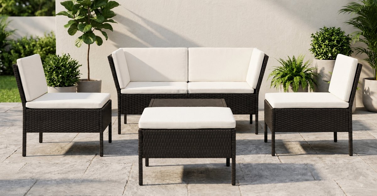 Luxe 6-delige Modulaire Polyrotan Loungeset – Tuinmeubelset met Hoekbank, Middenstukken, Poef en Tafel – Weerbestendige Tuinset met Kussens – Wit Industrohome