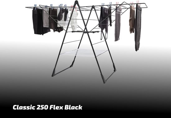 Zwart Classic 250 Flex droogrek, met wasgoed, witte onderplaat en rode wasknijpers.