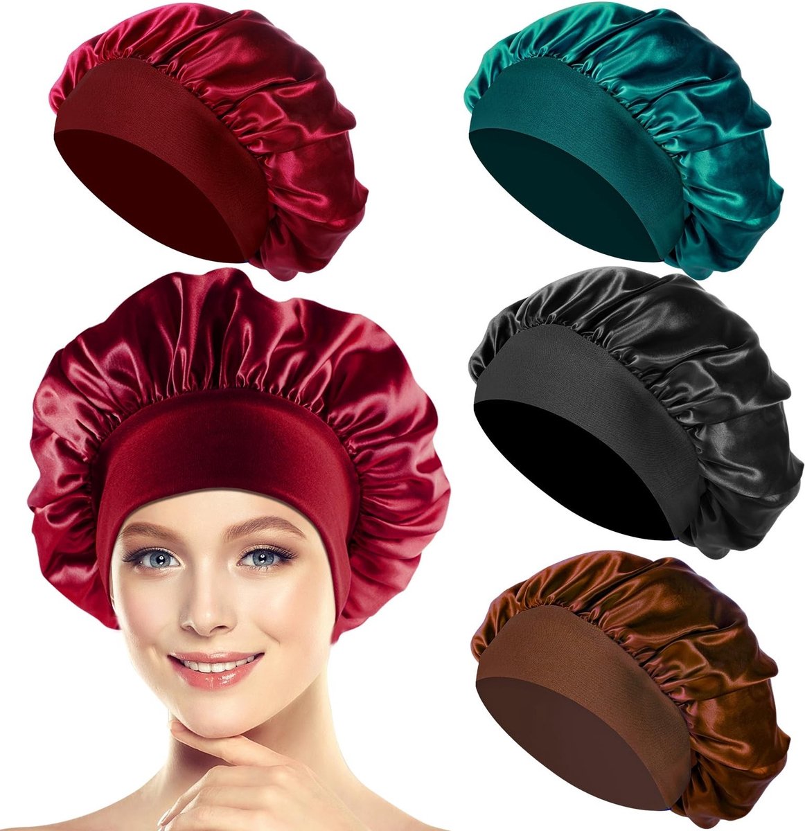 SolidChoice - Satijnen Slaapmuts - Zijden Nachtmuts - Bescherming voor Lang Krullend Haar - 4 Stuks - Haarverzorging - Geschikt voor Dames - Zwart, Cy