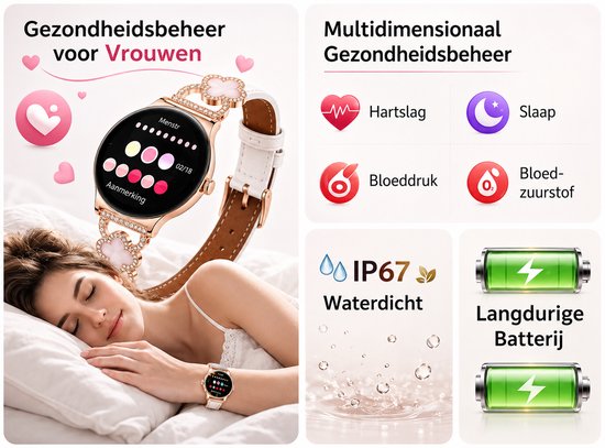 Hibousee Smartwatch voor Dames met Bluetooth Bellen, Gezondheid & Fitness Tracker – Stappenteller, Hartslagmeter, Slaapmonitor – iOS & Android - Incl 3 bandjes