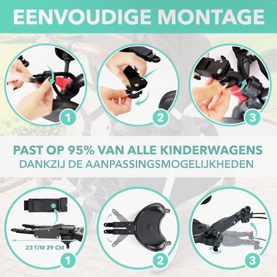 Havasta Universeel Meerijdplankje incl. 2 Gratis Tashaakjes - Geschikt voor Kinderwagen & Buggy - Meerijdplank met Zitje en Handgreep - Verstelbaar Wandelwagen Plankje van Merkloos — afbeelding 3