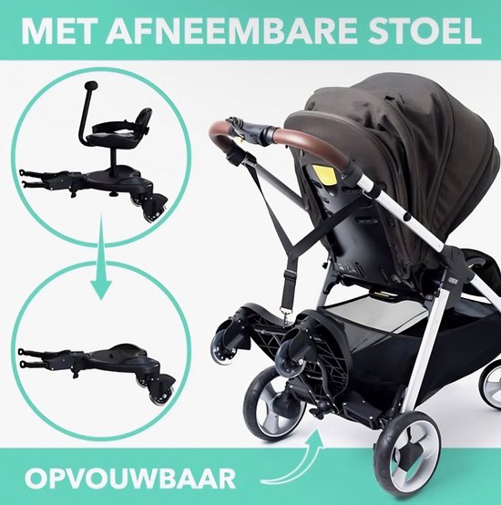 Havasta Universeel Meerijdplankje incl. 2 Gratis Tashaakjes - Geschikt voor Kinderwagen & Buggy - Meerijdplank met Zitje en Handgreep - Verstelbaar Wandelwagen Plankje van Merkloos — afbeelding 4