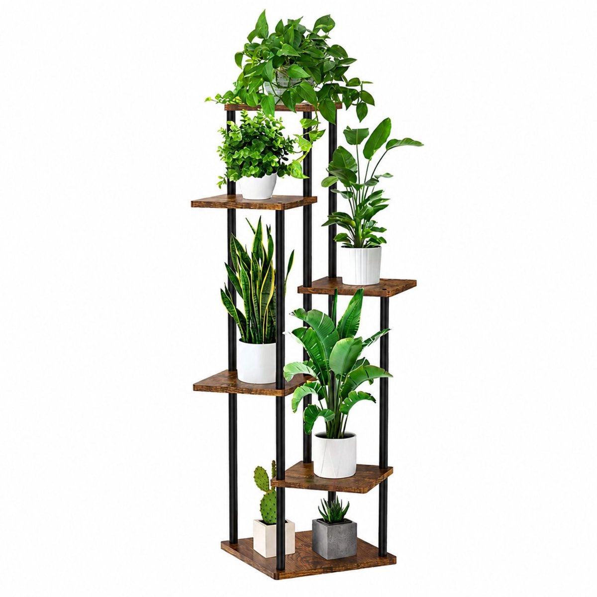 Arisa Home Plantenstandaard 6 Laags – 132 cm Hoog – Hoek Plantentafel – Metalen Frame & Houten Planken – Plantentoren voor Woonkamer