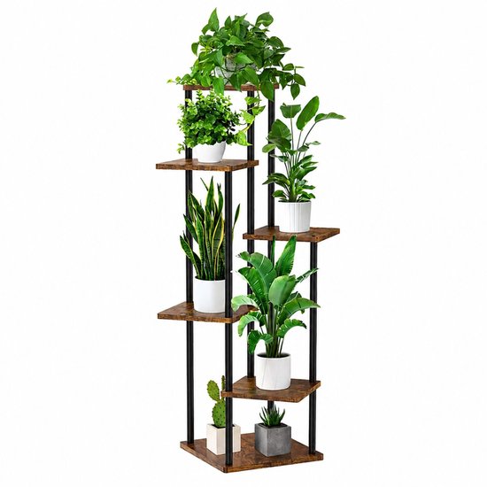 Arisa Home Plantenstandaard 6 Laags – 132 cm Hoog – Hoek Plantentafel – Metalen Frame & Houten Planken – Plantentoren voor Woonkamer