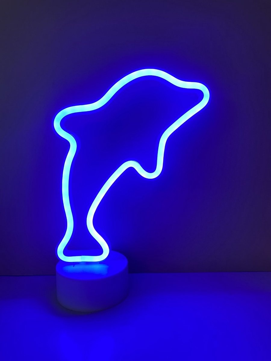 LED dolfijn met neonlicht - blauw neon licht - Op batterijen en USB - hoogte 26.5 x 17 x 8.5 cm - IMPULS - Tafellamp - Nachtlamp - Decoratieve verlichting - Woonaccessoires