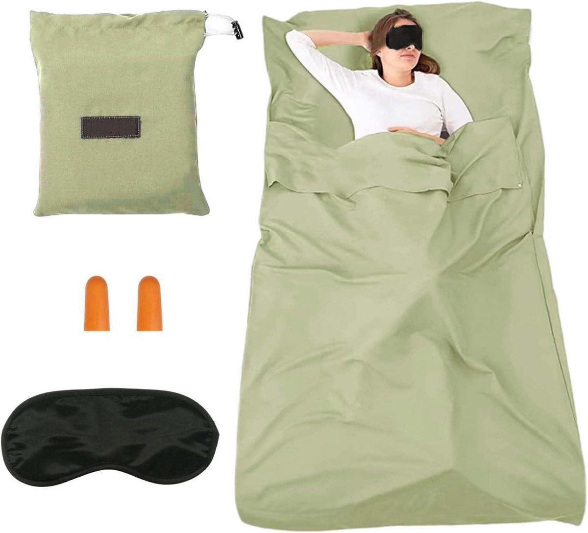 Huttenslaapzak - Reisslaapzak Kampeerzak - Zomer Kamperen - Met Oogmasker Oordopjes - 210 x 75 cm - Groen