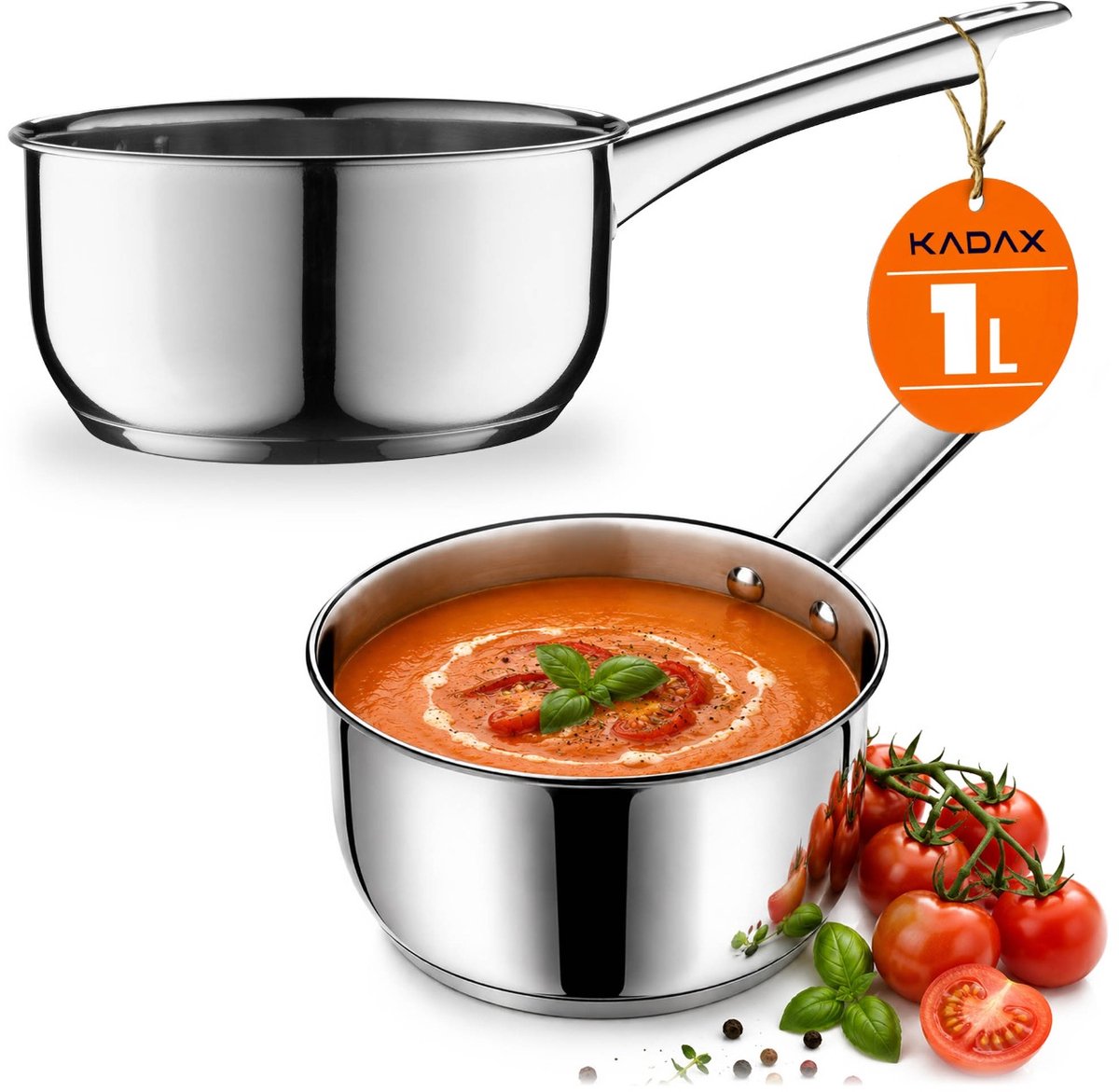 Steelpan 1 liter, steelpan van robuust staal, melkpan met lange steel en gietrand, stoofpan met handvat, boterpannetje, sauspan (zilver 2/14 cm)