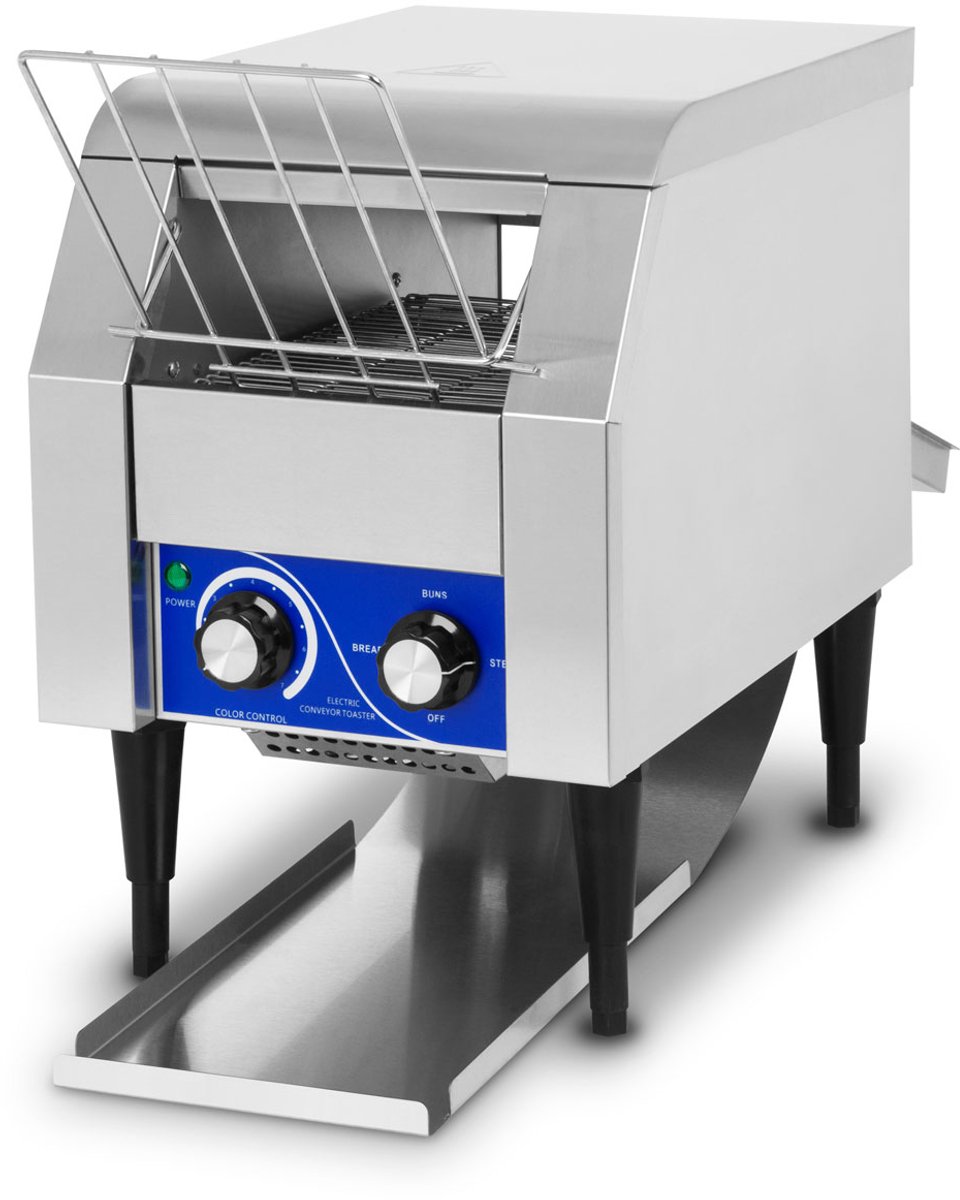 VERTES Transportbandtoaster met roestvrijstalen transportband (1340W, 230V, professioneel horecamodel voor toast en hamburgerbroodjes, extra lade, 2 uitvoerlades, 7 snelheidsniveaus, kruimellade, 2 standen)