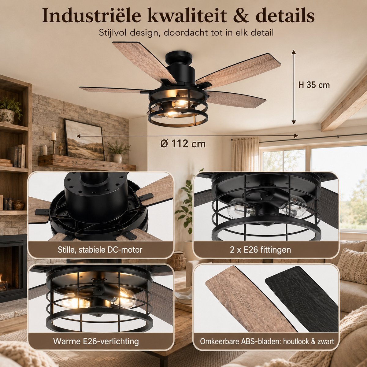 MUPOO Plafondventilator 112cm - stille DC-motor met licht thumbnail 4