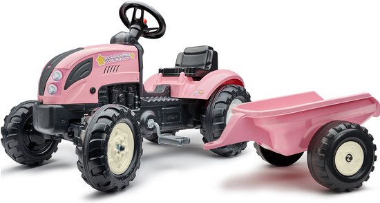 Roze Falk Country Farmer speelgoedtrekker met aanhanger op witte achtergrond.