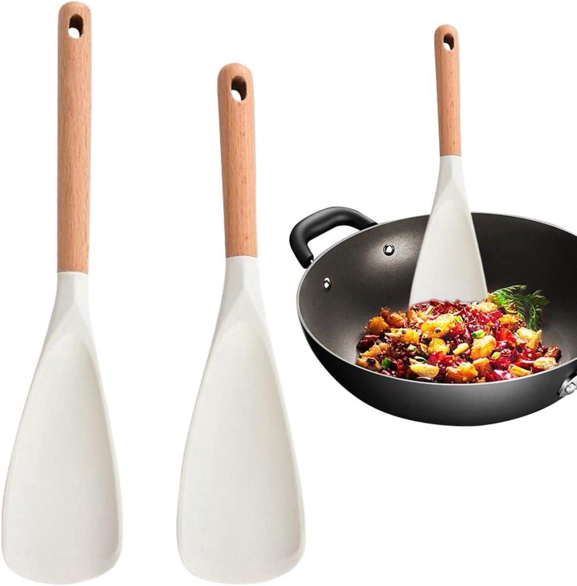 Siliconen Spatels - Keuken Lepel - Koken en Bakken - Hittebestendig Hout - 2 Stuks - Wit