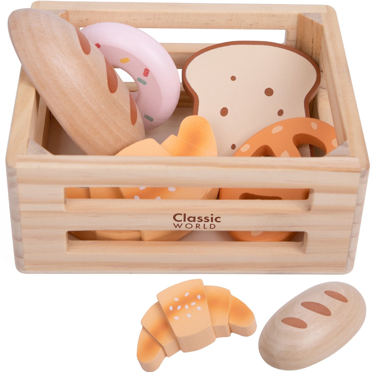 Classic World houten speelgoed krat met brood en lekkernijen.