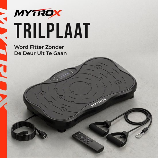 Zwarte Mytrox trilplaat met kabels, afstandsbediening en weerstandsbanden.