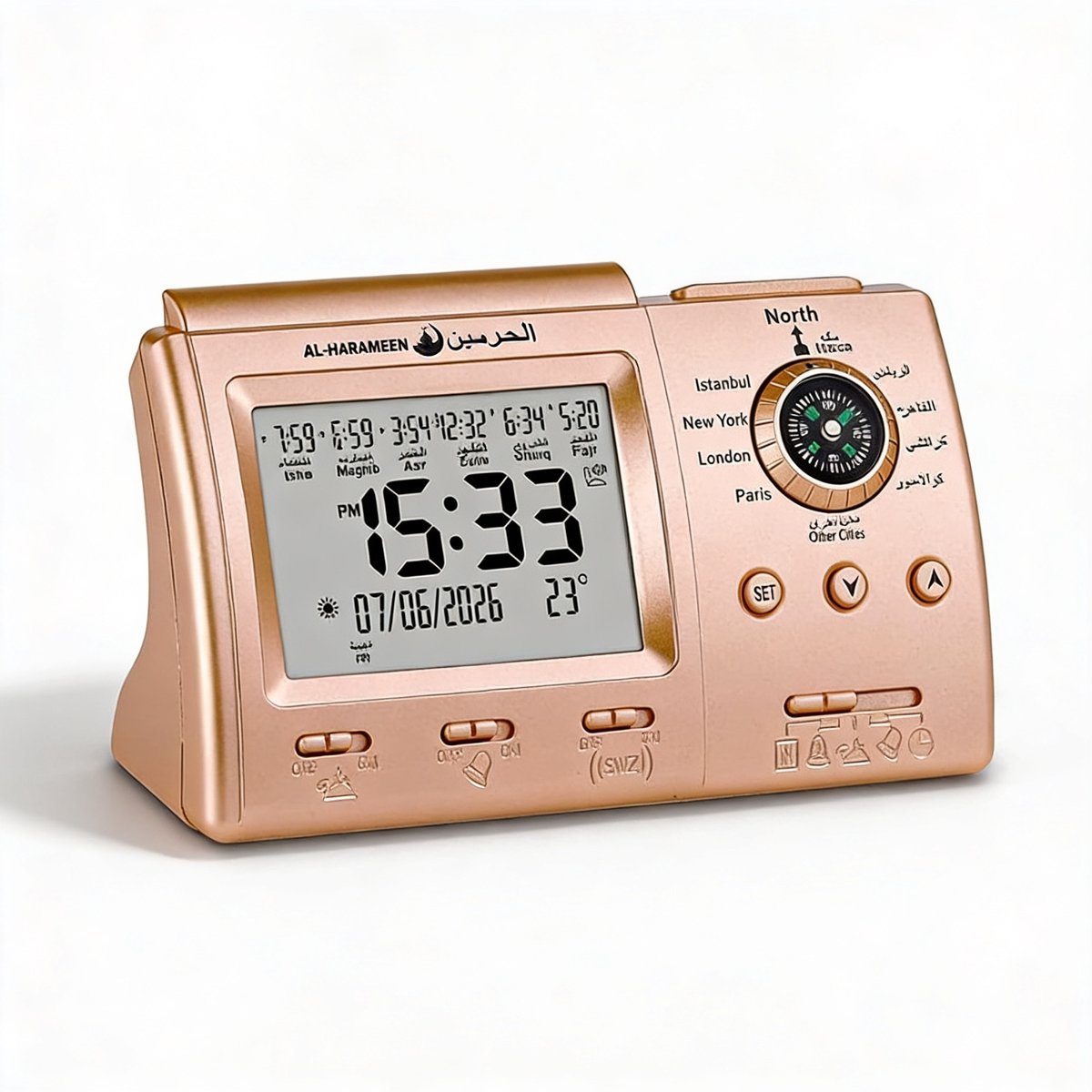 Gebedsklok Islamitische Azan Klok Met Volledige Gebedsoproepen – Islamitische Klok Voor 1150 Steden Met Automatische Azan Tijden – LED Decoratieve Klok Met Luxe Goud Design | Ideaal Voor Huis, Ramadan en Dagelijks Gebed