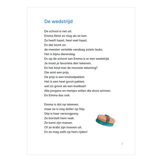 Een pagina met tekst over de wedstrijd van Emma. Ze wil de mooiste tekening maken en wint een prijs.