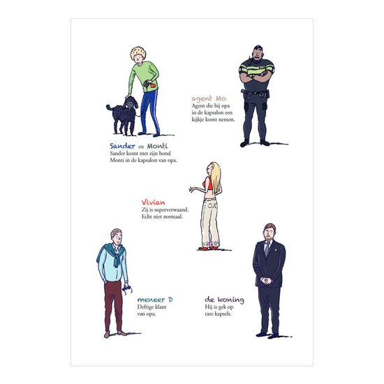 Illustraties van verschillende personages: hond met baasje, agent, vrouw, meneer en koning.