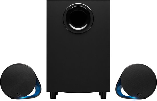 Zwart 2.1 gaming luidsprekersysteem met subwoofer en twee ronde luidsprekers met blauwe verlichting, op witte achtergrond.