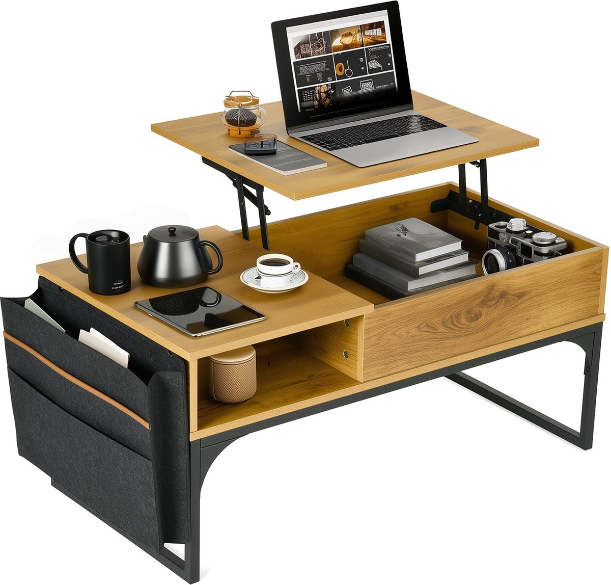 Koffietafel - Verstelbaar Platform, Opbergvak en Zijzak - Eiken Look