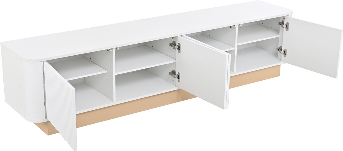 TV Meubel / Lowboard 200 cm - Geriffeld Luxe Design & 4 Deuren - Verstelbare Planken & Afgeronde Hoeken - Wit & Kabelmanagement