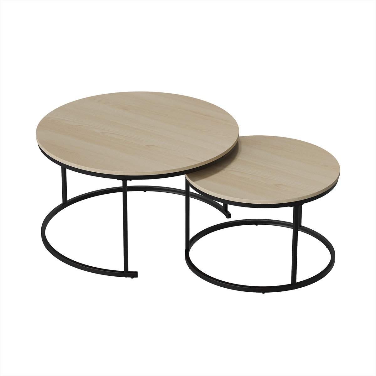 Salontafel Set van 2 – Bijzettafels / Nesttafels - Rond – 80x80x45 & 60x60x40 cm – Moderne Bijzettafels - Geschikt voor de woonkamer, slaapkamer en het balkon - Licht Eiken Hout