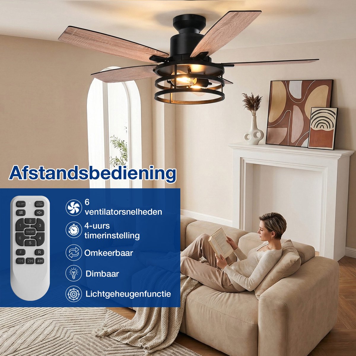 MUPOO 132cm Plafondventilator - DC Motor, Zomer/Winterstand thumbnail 5