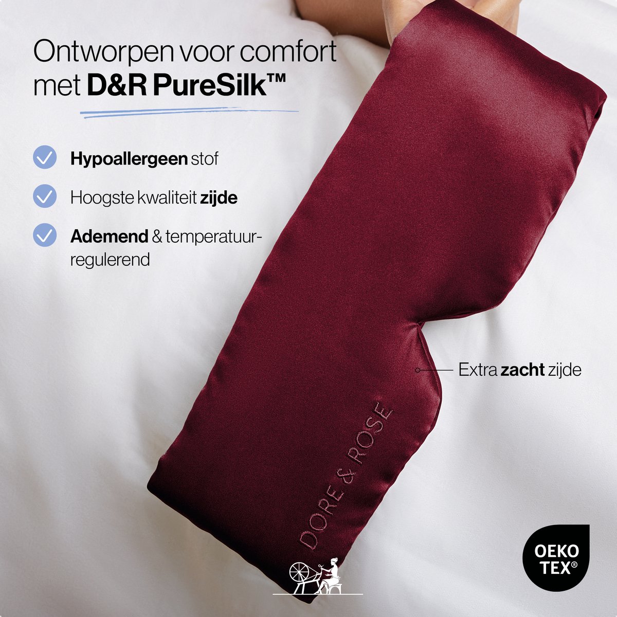 Dore & Rose - Slaapmasker - Oogmasker - Zijden Slaapmasker Voor Mannen en Vrouwen - Deep Sleep Mask - Eye Mask - Verduisterend - Wallen - Rood - Nº 14 Royal Bordeaux — afbeelding 7