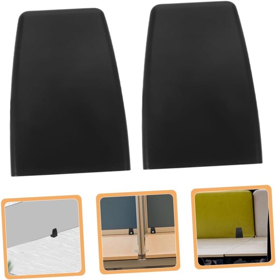 Twee zwarte, schuine klemmen. Kleine afbeeldingen tonen gebruik op kantoortafels en scheidingswanden.