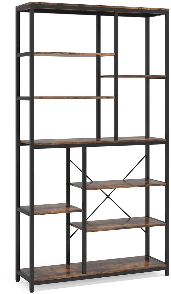 C. , R. E. CORE Boekenkast - Accessoireskast - Met 8 open planken - 10 Kubussen - Industriële stijl - 100x30x200cm - Rustiek Bruin