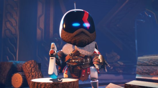 Een kleine robot met een baard en een rood-wit harnas staat in een houten hut, met een wapen in zijn hand.