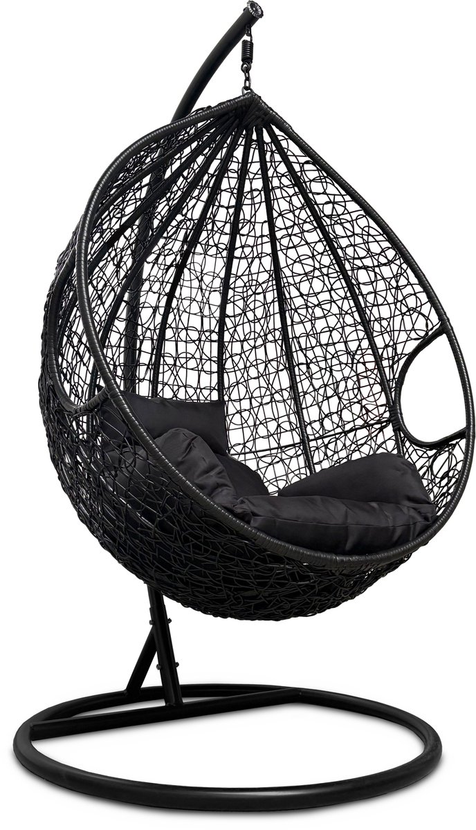 Rijoka Hangstoel Eggy Twisted Schommelstoel – Zwart Rattan - Zwart Kussen - Large - Voor personen 1.90m Max.