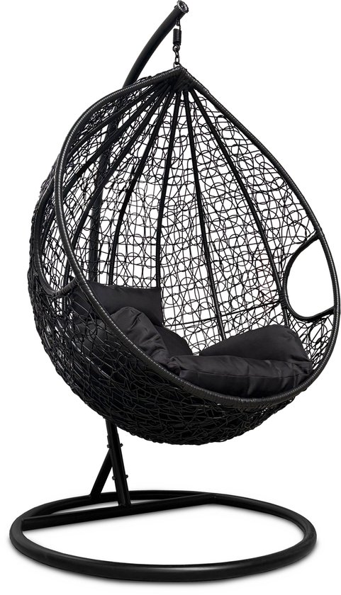 Rijoka Hangstoel Eggy Twisted Schommelstoel – Zwart Rattan - Zwart Kussen - Medium - Voor personen 1.60m Max.