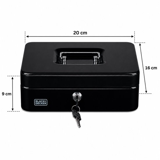 Afmetingen van een zwart BLACK+DECKER geldkistje: 20 cm breed, 16 cm hoog en 9 cm diep. Met sleutel.