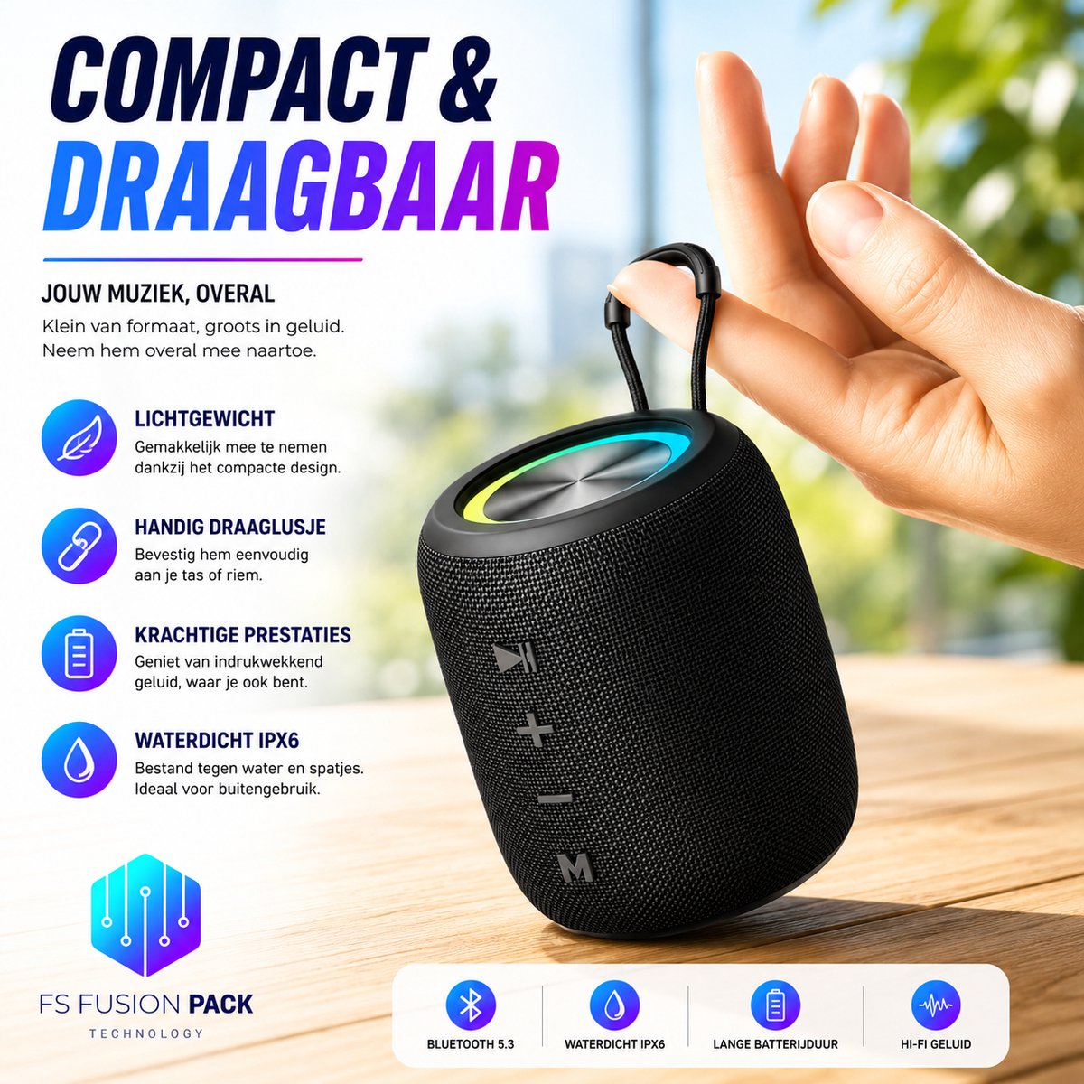 Draadloze Draagbare Luidspreker 10W Speaker RGB LED Draadloos & Wireless Fusion Pack M3 – Draagbare Bluetooth Speaker 10W | Waterdicht | RGB LED | Hifi Bas | BT/USB/TF/FM | Outdoor Wireless Speaker-Kerstcadeau-Nieuwjaar-2026-Verjaardag-